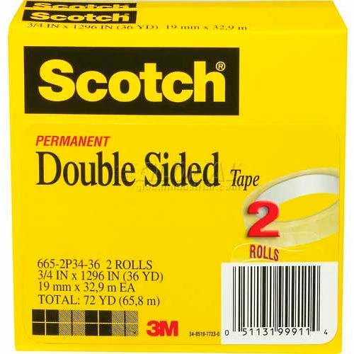 Scotch® Double Sided Tape 665-2P34-36, 3/4" x 1296", 3" Core, 2 Rolls/PK 1 Scotch® Double Sided Tape 665-2P34-36, 3/4" x 1296", 3" Core, 2 Rolls/PK