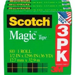 Scotch® Magic™ Tape 810H3, 1/2" x 1296", 1" Core, 3 Rolls/Pack