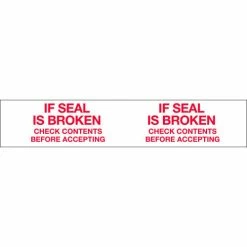 Decker Tape Printed Tape "If Seal Is Broken Check Contents Before Accepting" 2"W x 110 Yds. 1.84 Mil White/Red - Pkg Qty 36