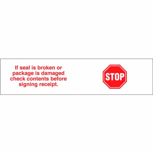 Decker Tape Printed Tape "Stop If Seal Is Broken" 2"W x 110 Yds. 1.84 Mil White/Red - Pkg Qty 36 1 Decker Tape Printed Tape "Stop If Seal Is Broken" 2"W x 110 Yds. 1.84 Mil White/Red - Pkg Qty 36
