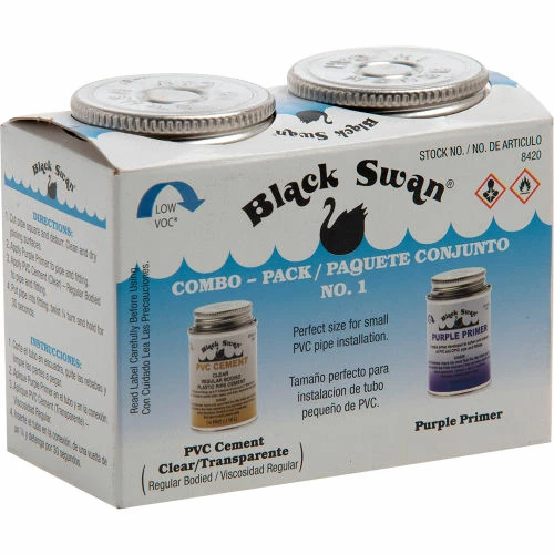 Black Swan Combo Pack No. 1 - PVC Cement (Clear) - Regular Bodied & Purple Primer, 1/4 Pt - Pkg Qty 6 1 Black Swan Combo Pack No. 1 - PVC Cement (Clear) - Regular Bodied & Purple Primer, 1/4 Pt - Pkg Qty 6