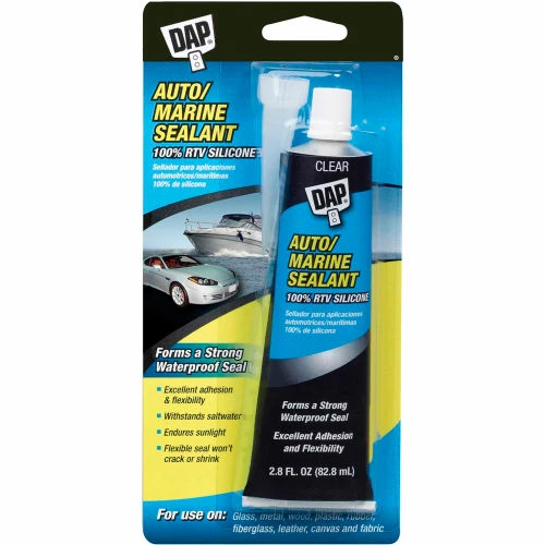 DAP Products DAP® Auto/Marine 100% RTV Silicone Rubber Sealant - 2.8 oz., Clear - 7079800756 - Pkg Qty 6 1 DAP Products DAP® Auto/Marine 100% RTV Silicone Rubber Sealant - 2.8 oz., Clear - 7079800756 - Pkg Qty 6