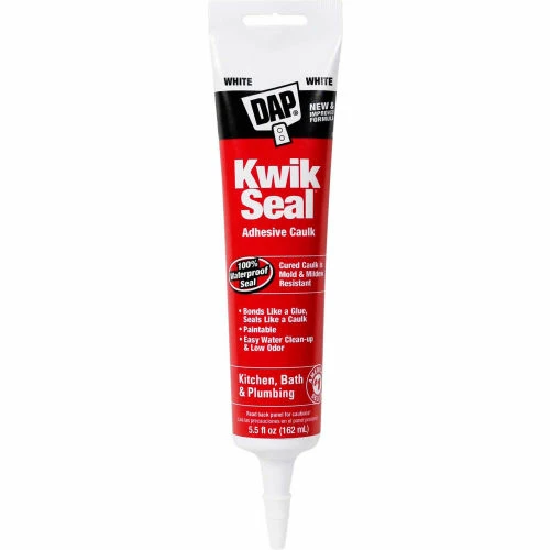 DAP Products DAP® KWIK SEAL® Kitchen & Bath Adhesive Caulk - 5.5 oz., White - 7079818001 - Pkg Qty 12 1 DAP Products DAP® KWIK SEAL® Kitchen & Bath Adhesive Caulk - 5.5 oz., White - 7079818001 - Pkg Qty 12