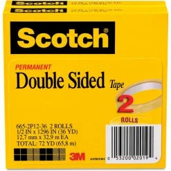 Scotch® 665 Double-Sided Tape, 1/2" x 1296", 3" Core, Transparent, 2/Pack
