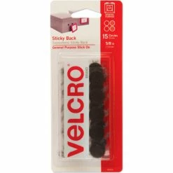Velcro Brand VELCRO® Brand Sticky-Back Hook and Loop Dot Fasteners on Strips, 5/8 dia., Black, 15 Sets/Pack